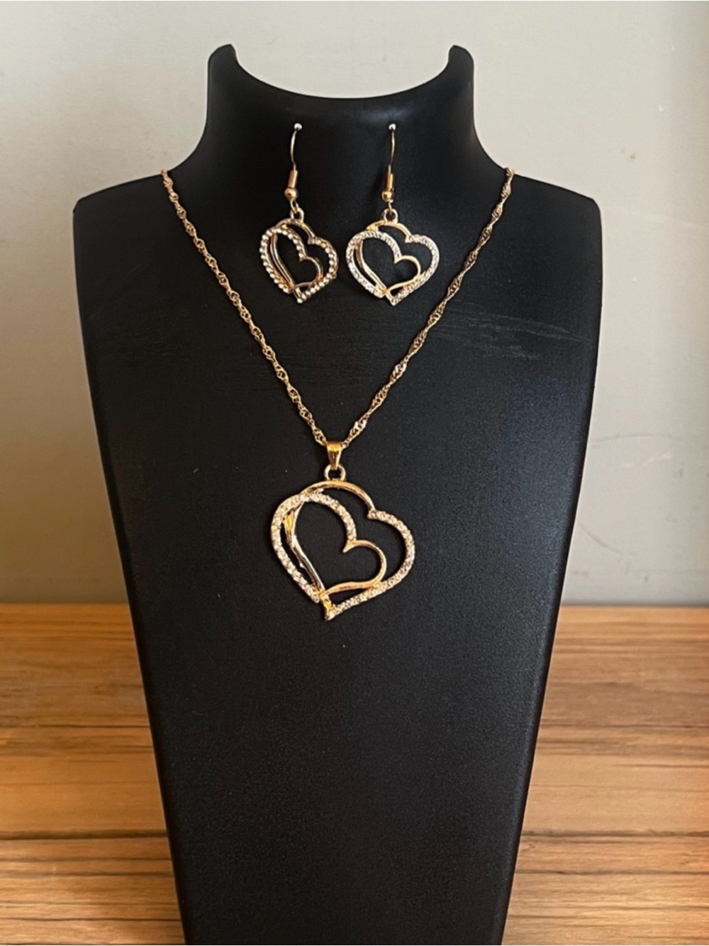 Heart Crystal Gold Tone Necklace & Earrings Jewelry Set
